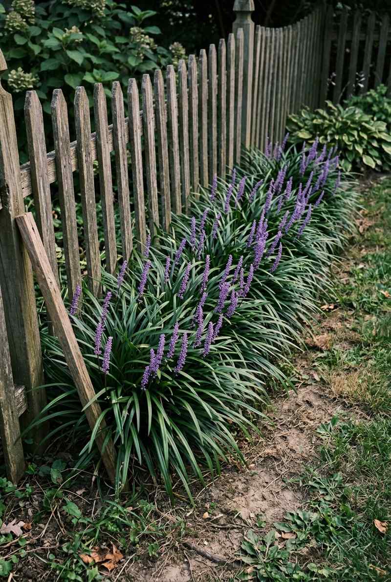 Lilyturf clumps with violet-purple flower spikes along a weathered picket fence