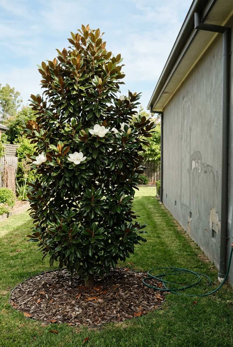 Little Gem magnolia with glossy leaves and creamy white flowers beside a stucco wall