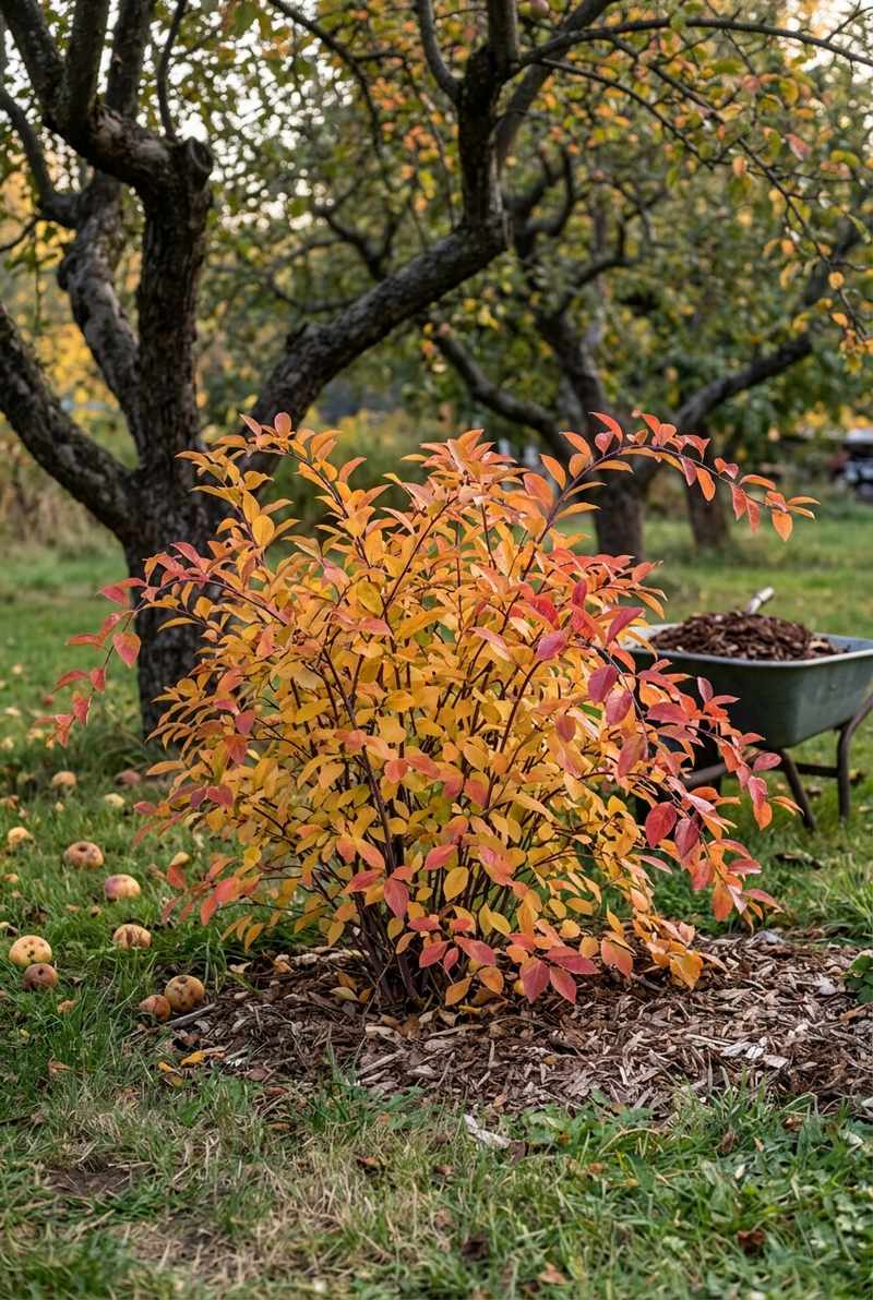 Little Henry sweetspire with arching stems and red, orange and yellow fall leaves