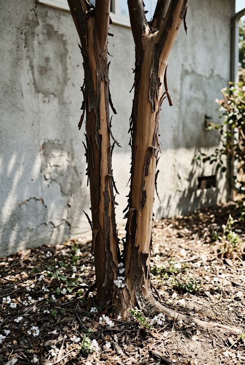Natchez crape myrtle trunks with dark cinnamon bark peeling in strips