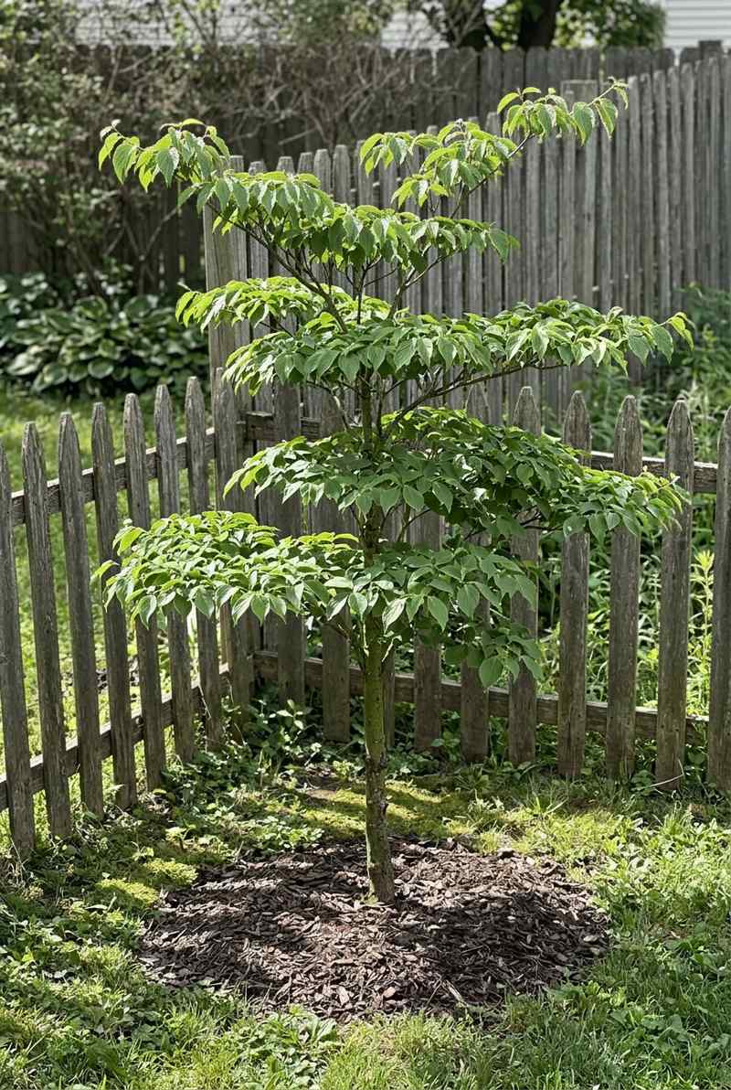 Pagoda dogwood with flat horizontal tiers of branches near a picket fence