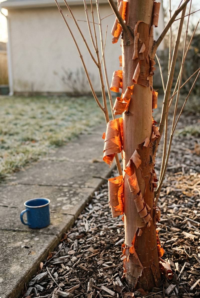 Paperbark maple trunk with cinnamon bark peeling in thin papery curls