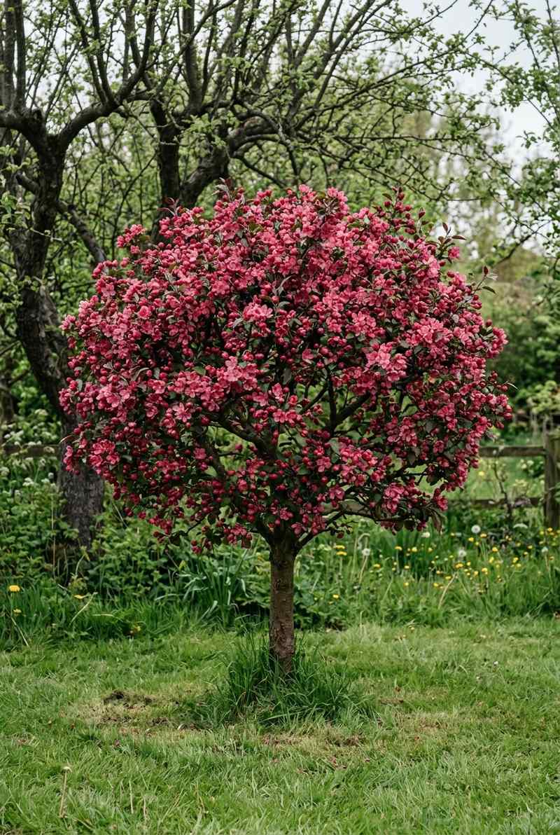 Prairifire crabapple in deep pink-red bloom with a dense rounded crown