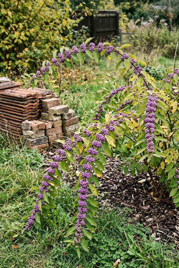 Purple beautyberry shrubs with arching branches lined with clusters of lilac-violet berries