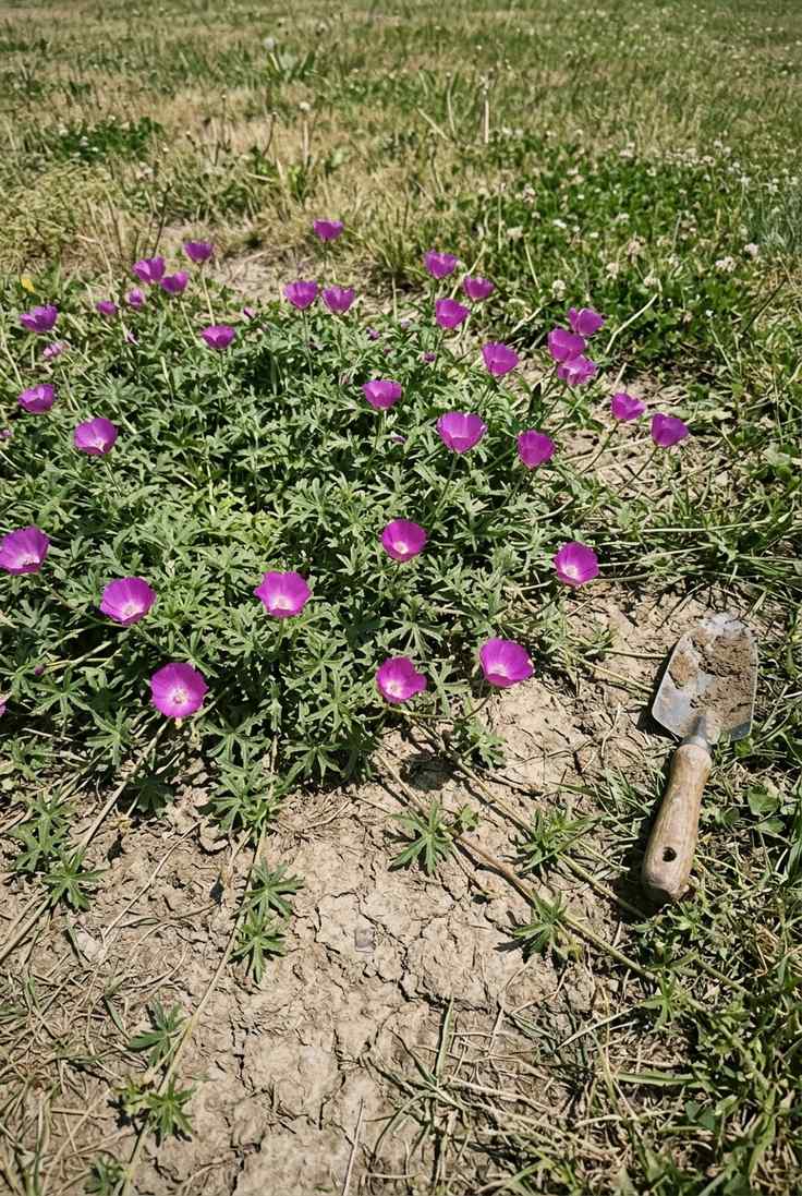 Purple poppy mallow trailing over dry ground with magenta cup-shaped flowers