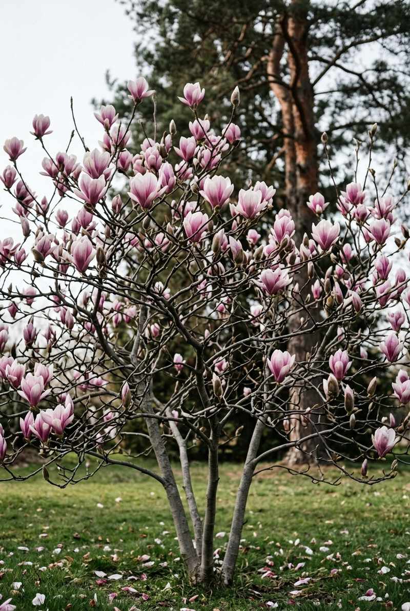 Saucer magnolia flowers, pink-purple outside and white inside, on bare branches