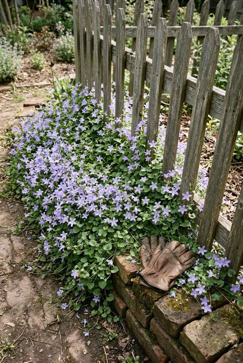Serbian bellflower with lavender-blue star flowers spilling over a low brick edge