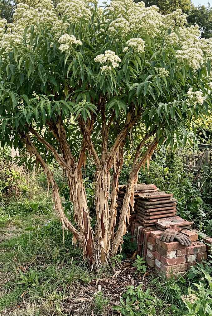 Seven-son flower with tan bark peeling in long strips and white flowers