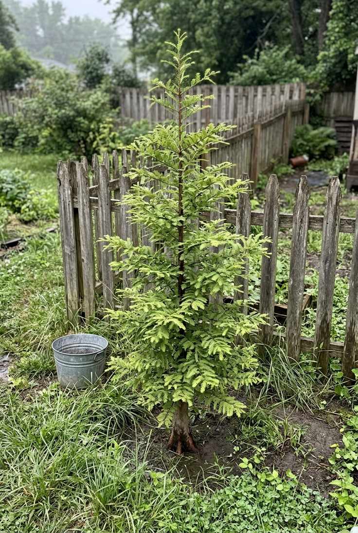 Shawnee Brave bald cypress with feathery light green foliage in wet ground