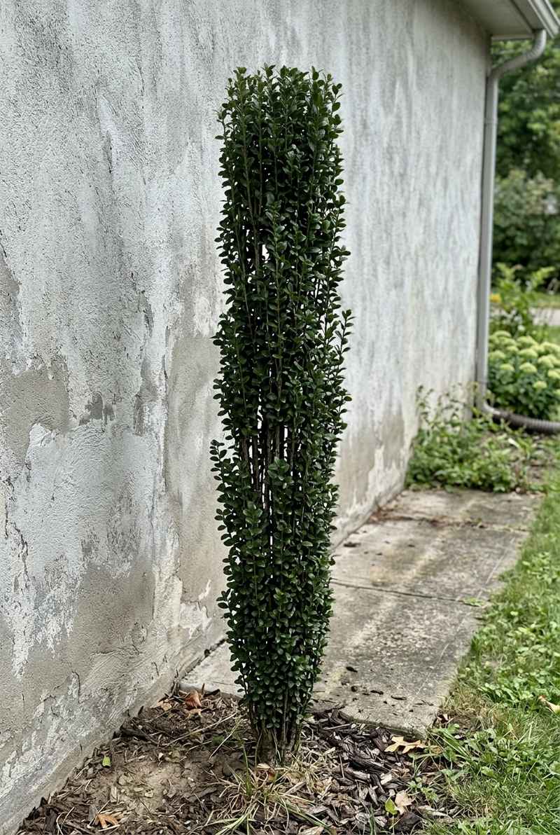 Sky Pencil holly growing as a narrow green column beside a concrete path
