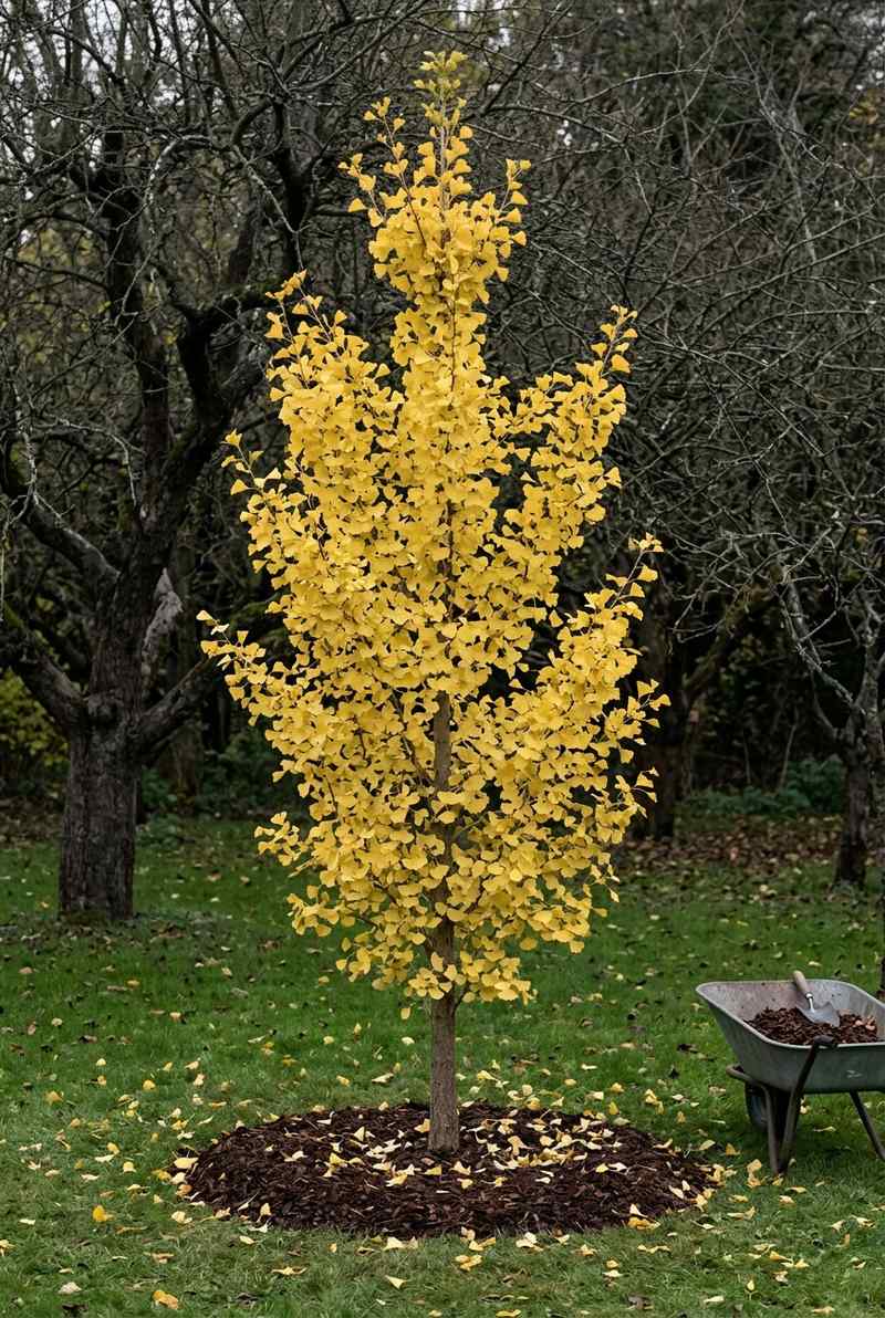 Sky Tower ginkgo with bright yellow fan-shaped leaves in fall