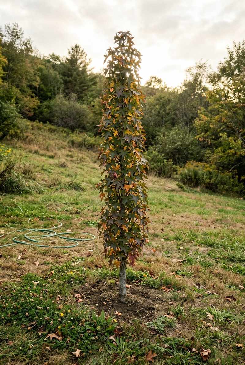 Slender Silhouette sweetgum, a pole-thin tree with star-shaped leaves turning color