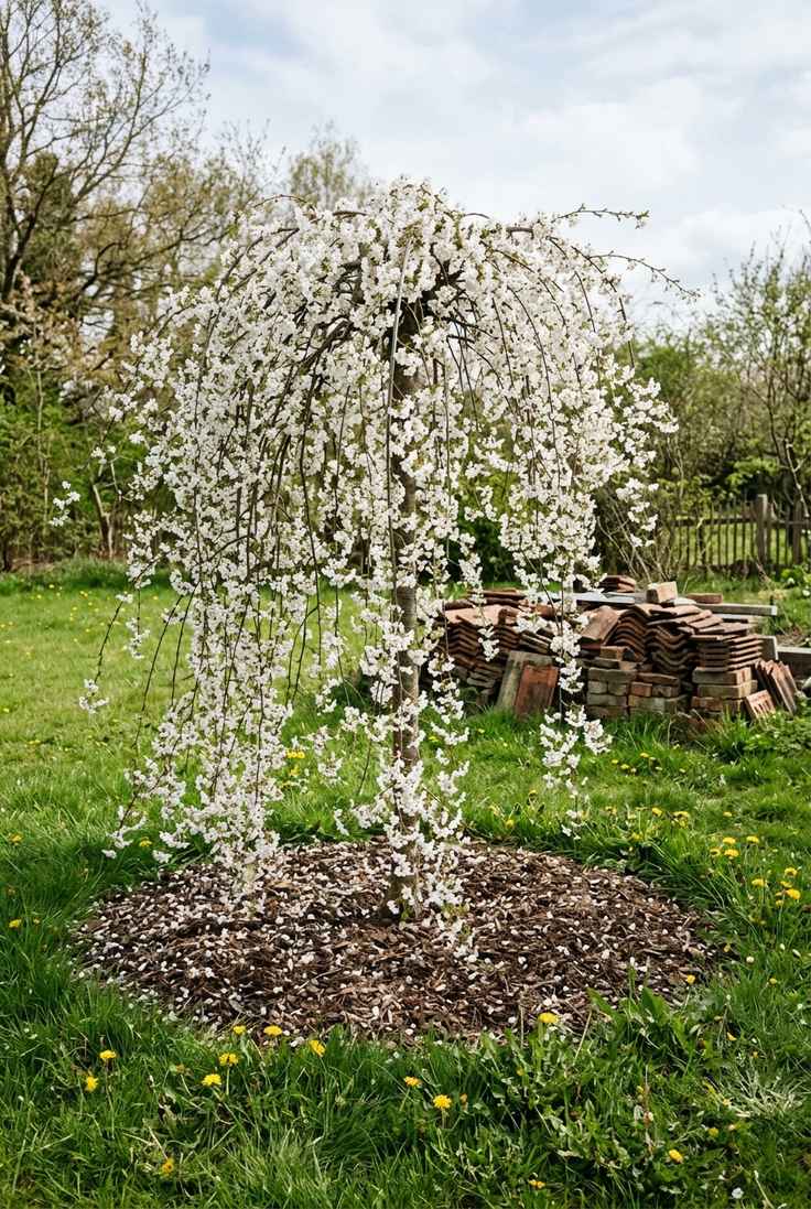 Snow Fountains weeping cherry with white-flowered branches cascading to the ground