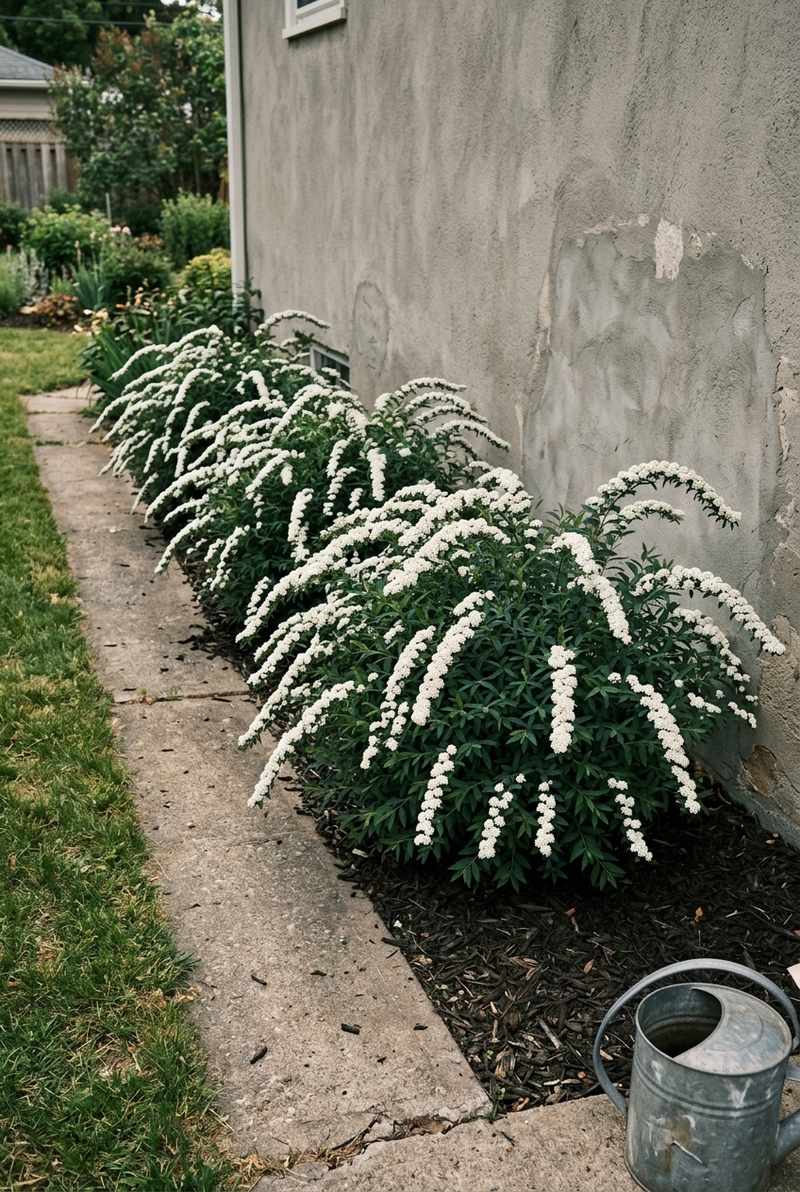 Snowmound spirea mounds in a row, arching stems frosted white along the upper side