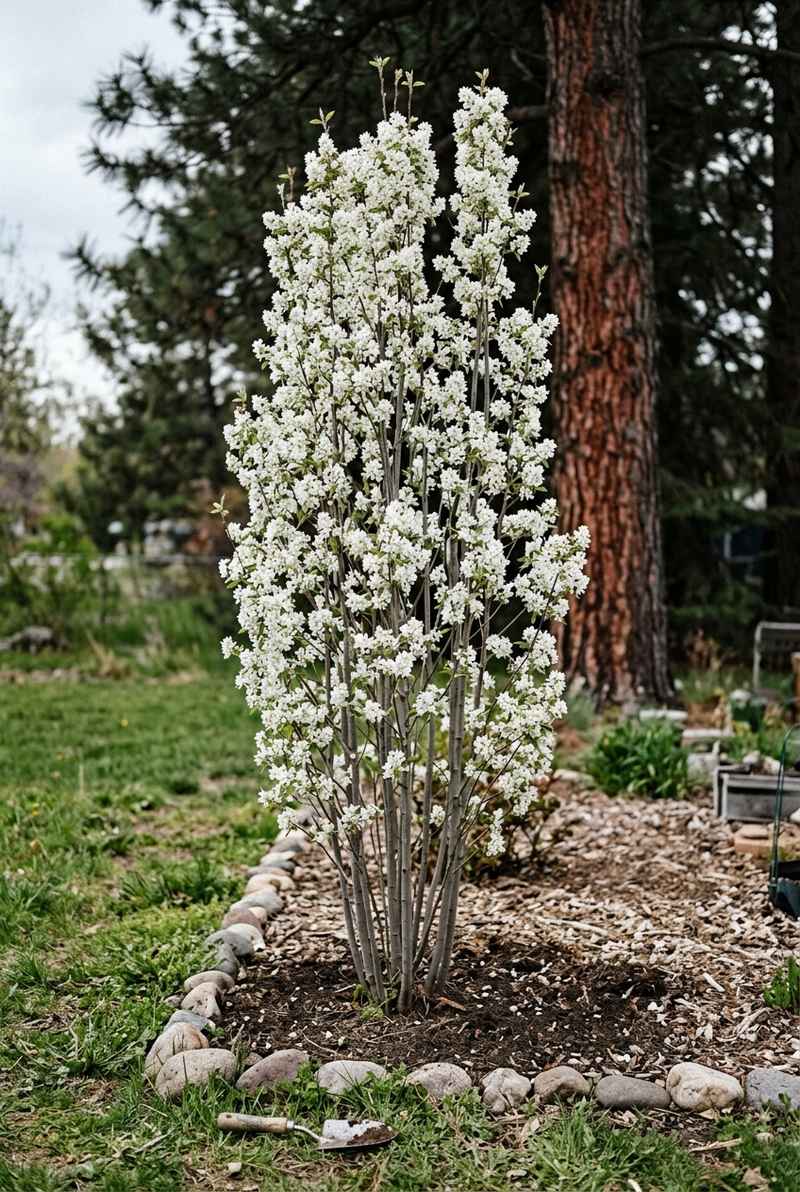 Standing Ovation serviceberry covered in white April flowers in a narrow bed