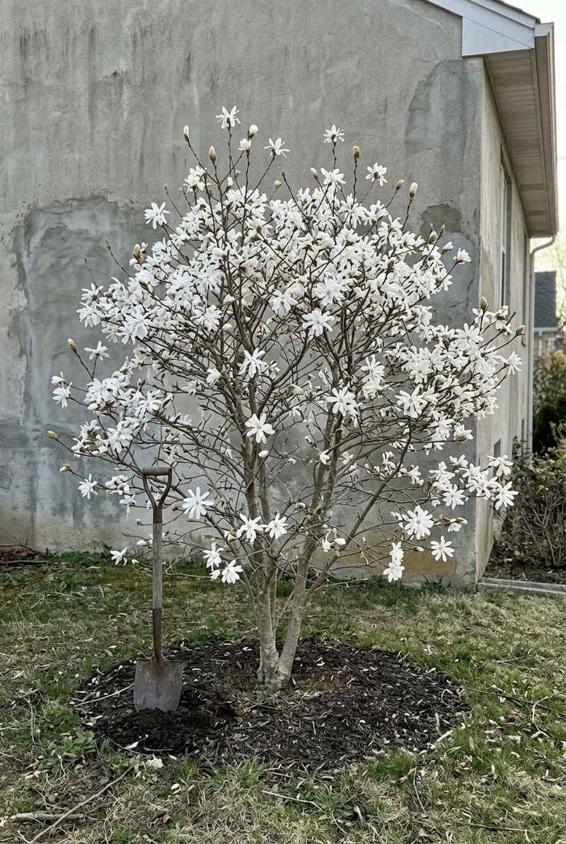 Star magnolia with white star-shaped flowers on bare branches at a house corner