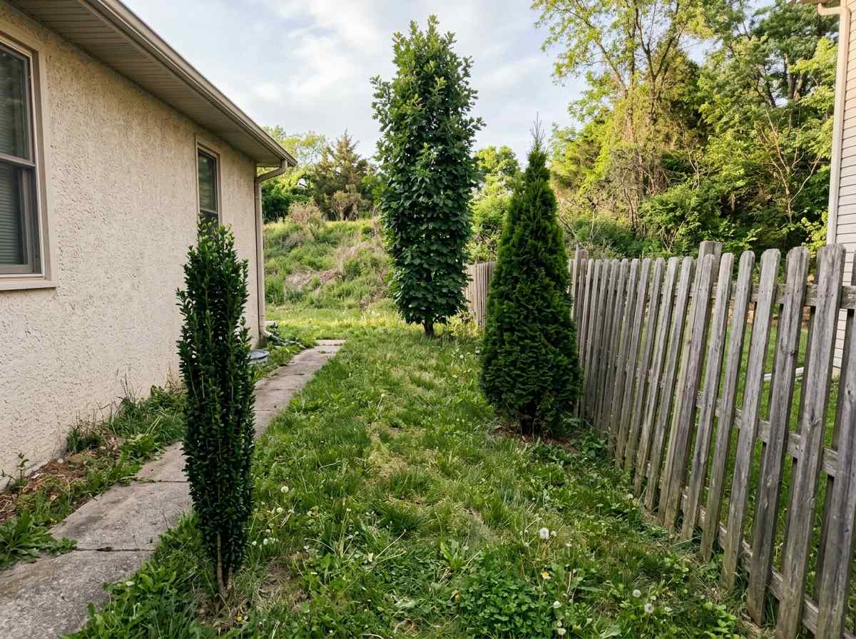 Three narrow columnar trees growing in a seven-foot strip between a path and a picket fence