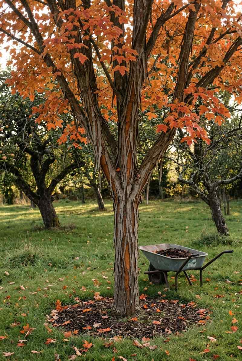 Three-flowered maple with ash-brown bark peeling in vertical strips and orange fall leaves