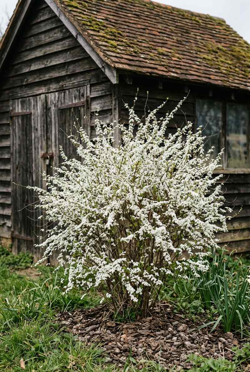 Thunberg spirea, a mound of thin wiry arching branches covered in tiny white flowers