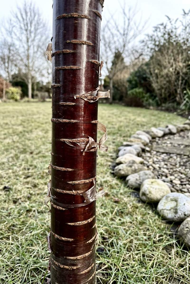 Tibetan cherry trunk with glossy mahogany bark shining in winter sun