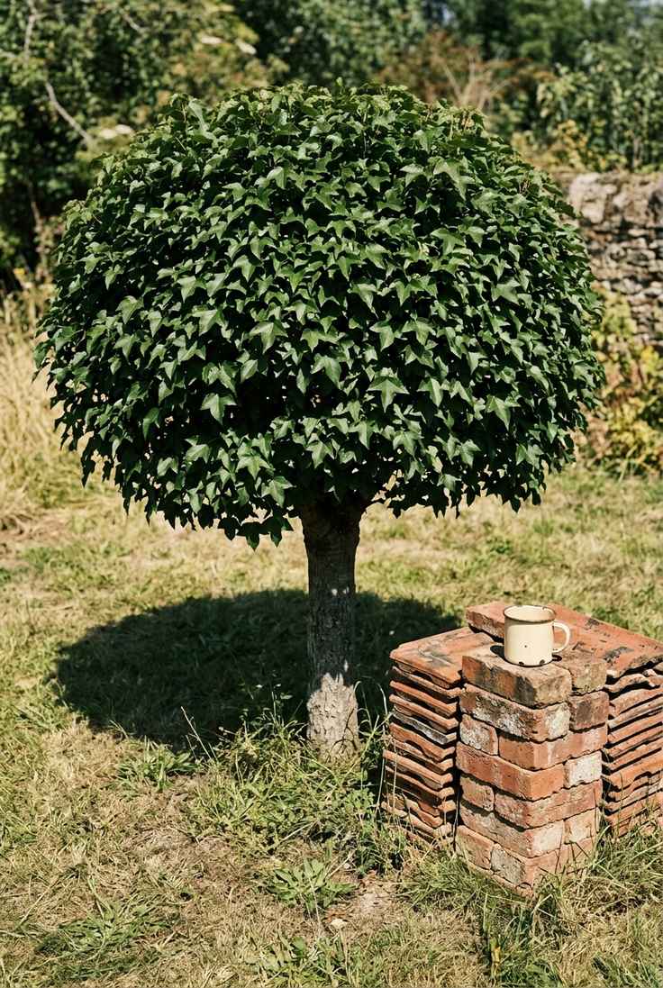 Trident maple with a rounded crown shading a stack of clay tiles
