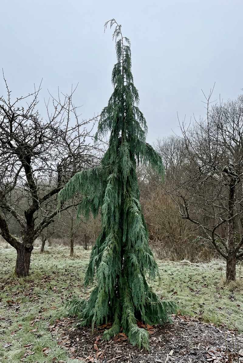 Weeping Alaskan cedar, a slender evergreen with drooping blue-green sprays among bare winter trees