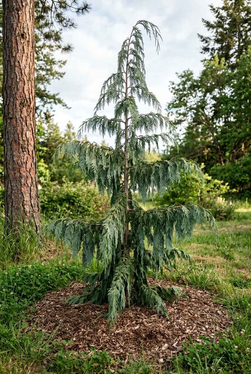 Weeping Alaskan cedar with a nodding tip and blue-green sprays hanging straight down