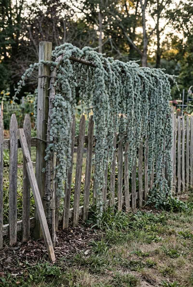 Weeping blue Atlas cedar trained along a fence, powder-blue branches hanging like a curtain