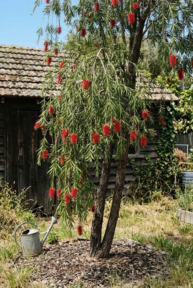 Weeping bottlebrush tree with hanging branches and bright red brush-shaped flowers