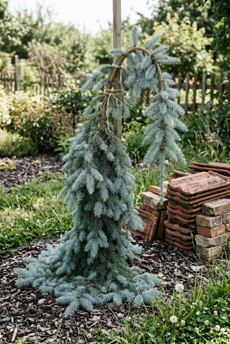 Weeping Colorado blue spruce staked to five feet, silver-blue branches pouring to the ground