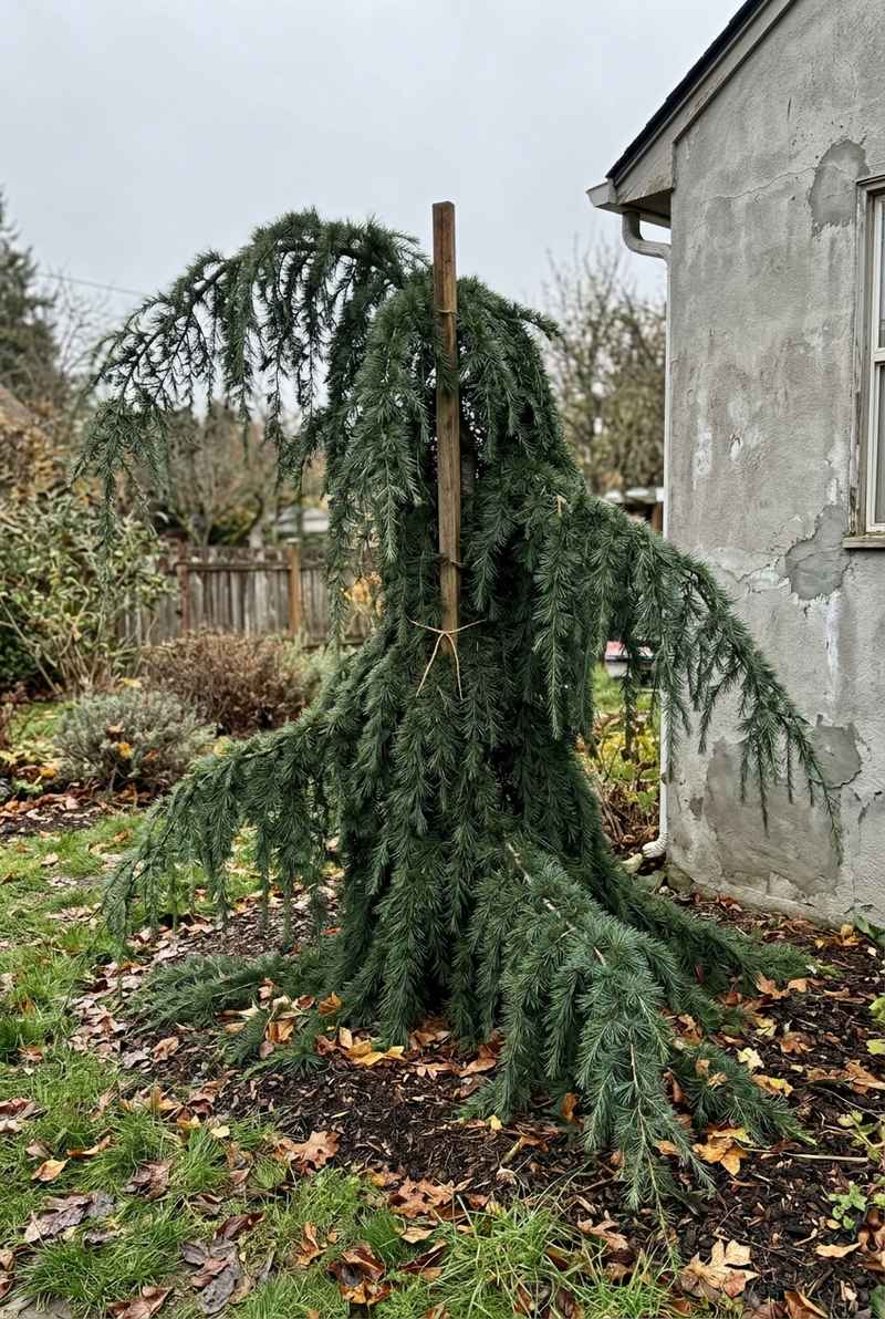 Weeping deodar cedar with long dark blue-green branches sweeping to the ground