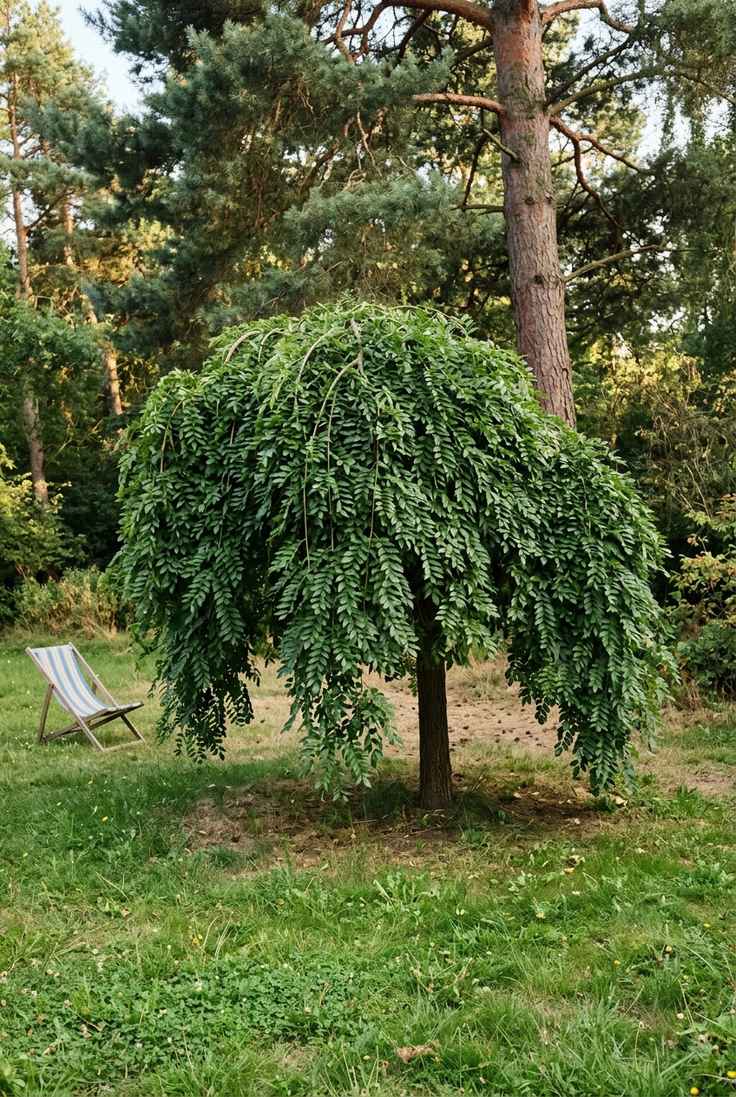 Weeping Japanese pagoda tree, a broad green crown drooping toward the lawn