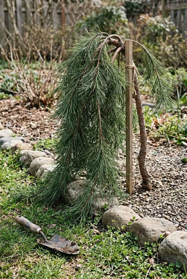 Weeping Japanese red pine, a small staked tree with branches falling to the stones