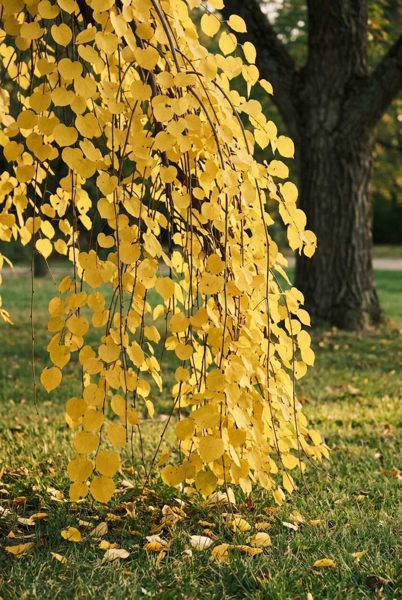 Weeping katsura branches hanging down, strung with yellow heart-shaped fall leaves