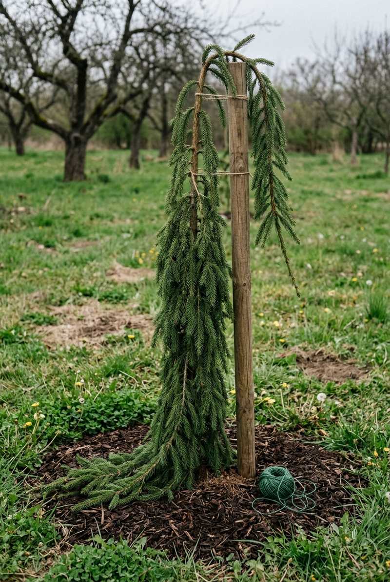 Weeping Norway spruce staked upright, dark green branches hanging like a shaggy cape