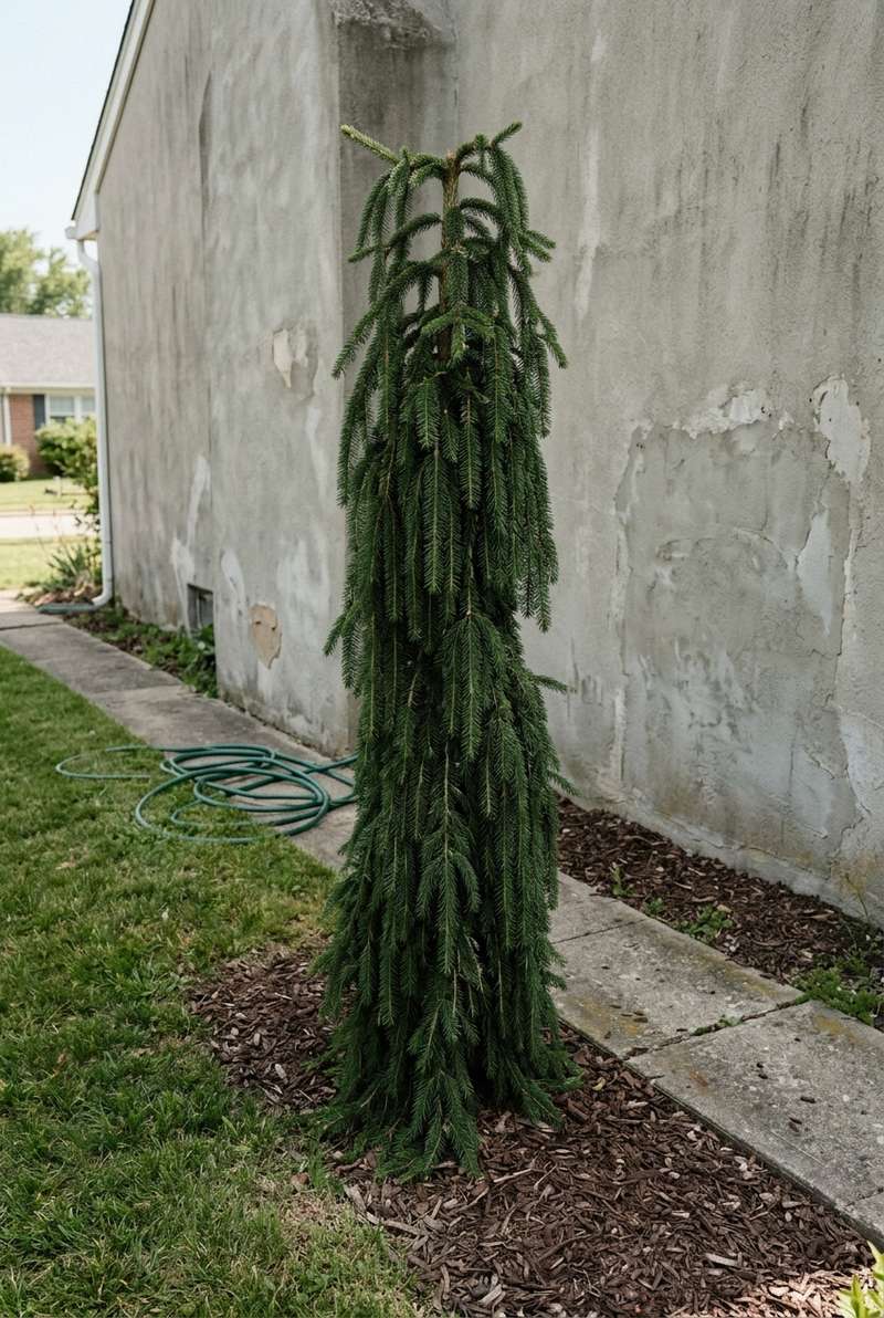 Weeping oriental spruce, a small narrow tower of glossy dark green needles