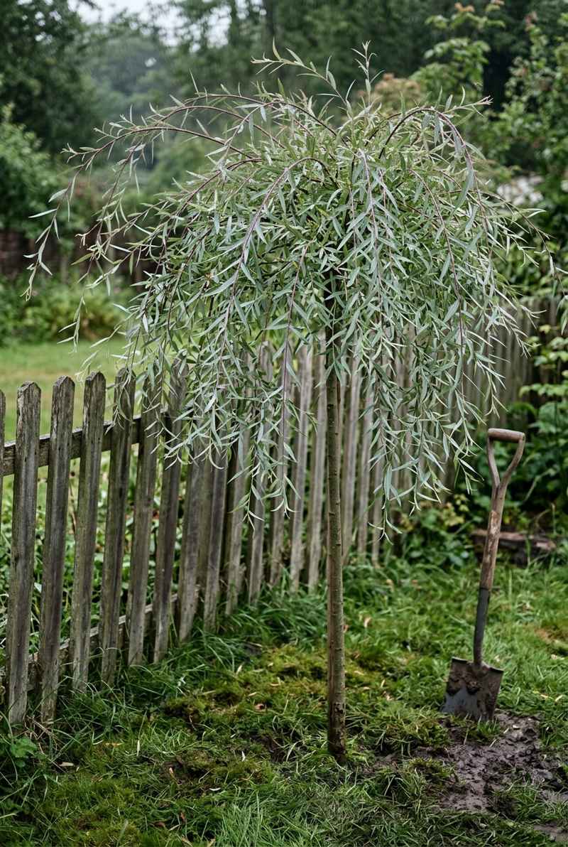 Weeping purple willow with slender purplish shoots and narrow bluish-green leaves hanging down