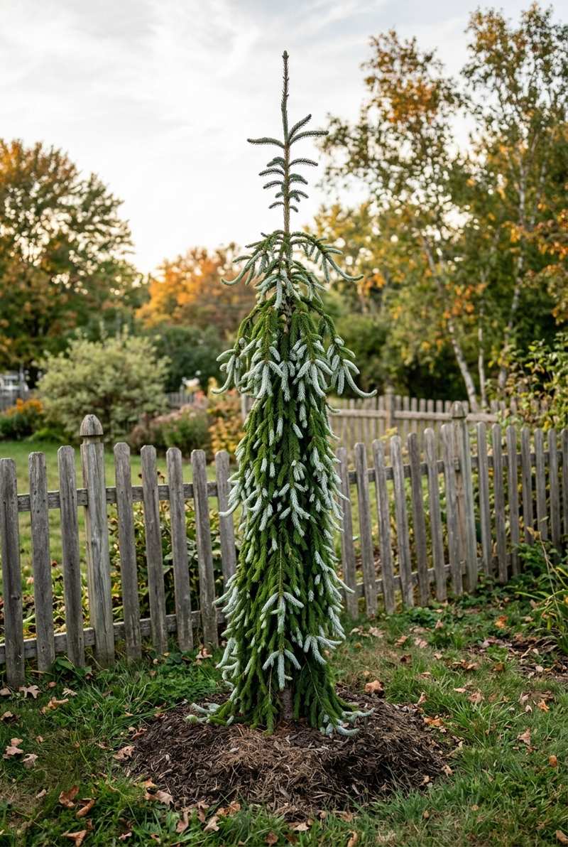 Weeping Serbian spruce, a narrow column of hanging green and silver branches