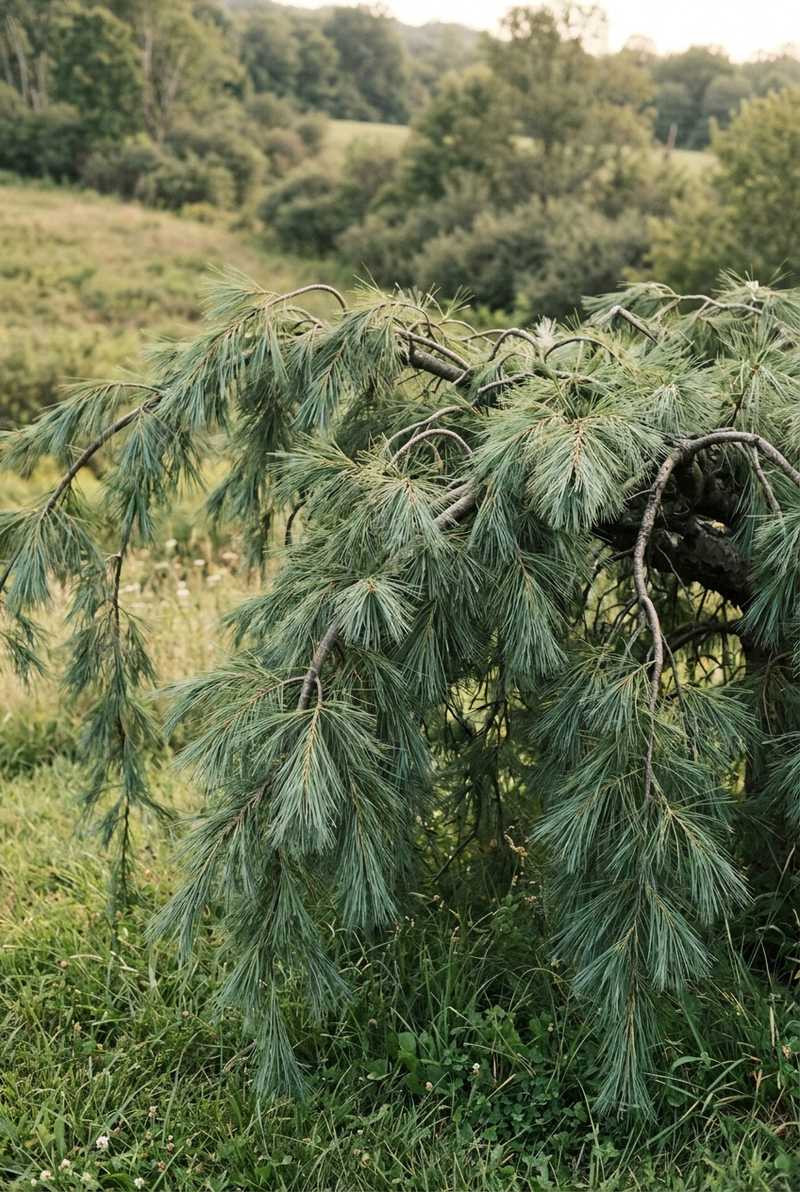 Weeping white pine branch tips with long soft blue-green needles hanging down