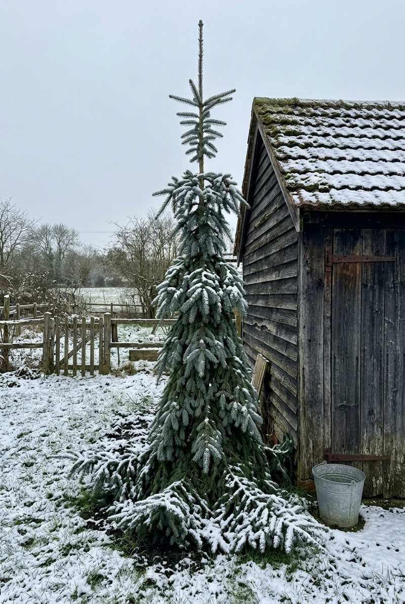 Weeping white spruce, a narrow blue-green spire skirted to the snowy ground