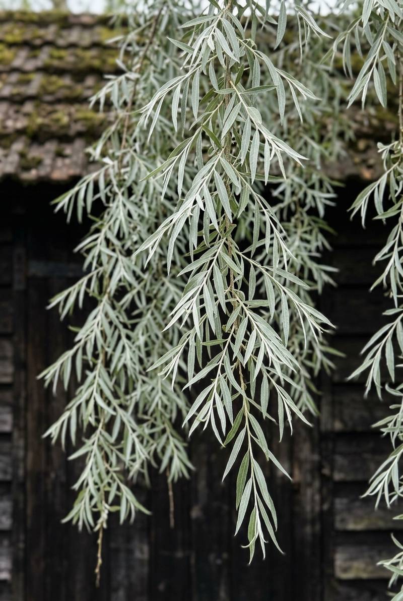 Weeping willowleaf pear branchlets with narrow silver-grey willow-shaped leaves hanging down