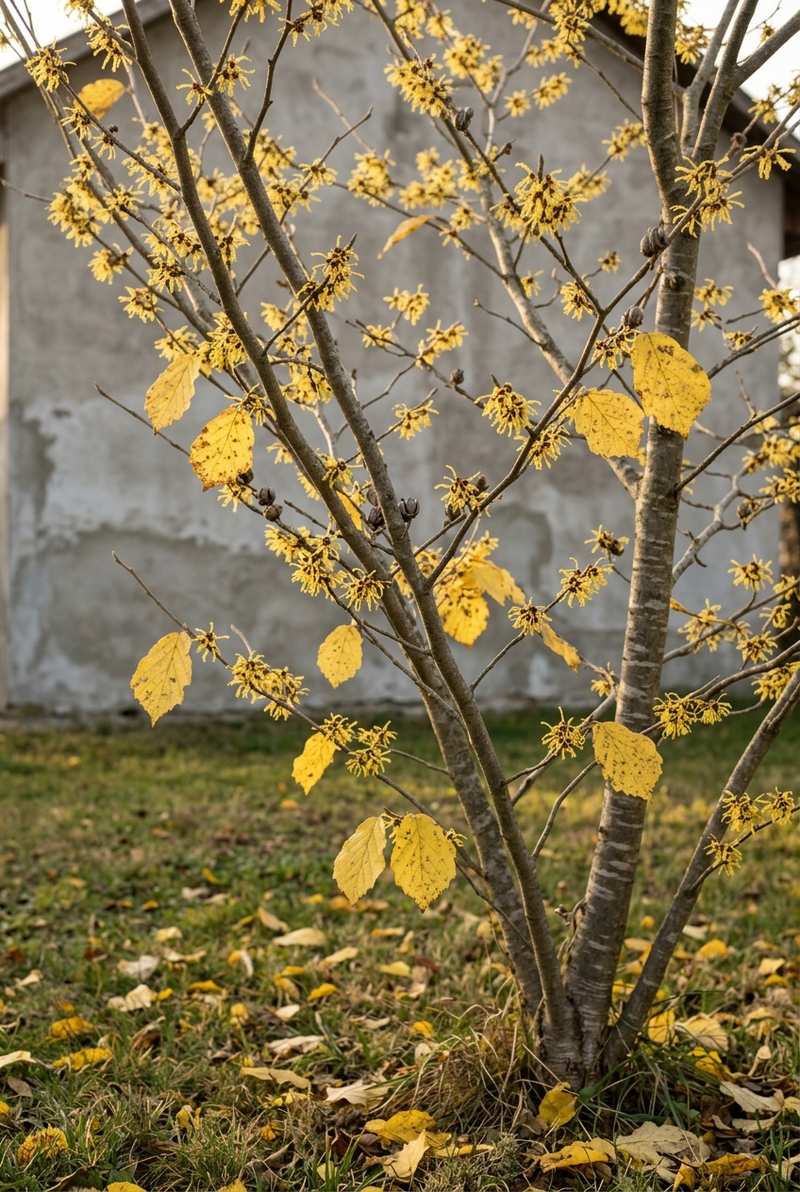 Witch hazel branches lined with yellow spidery flowers in late fall